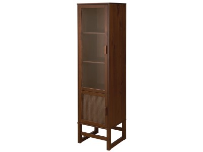 Cristaleira vitrine torre no acabamento amendoado 1 porta de vidro e 1 porta com palhinha indiana na cor amêndoa / Coleção Acapulco